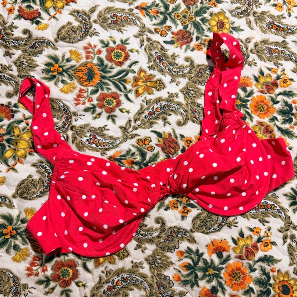Vintage 80s Red Polka Dot Underwire Bra Top Ruffle Strap 12